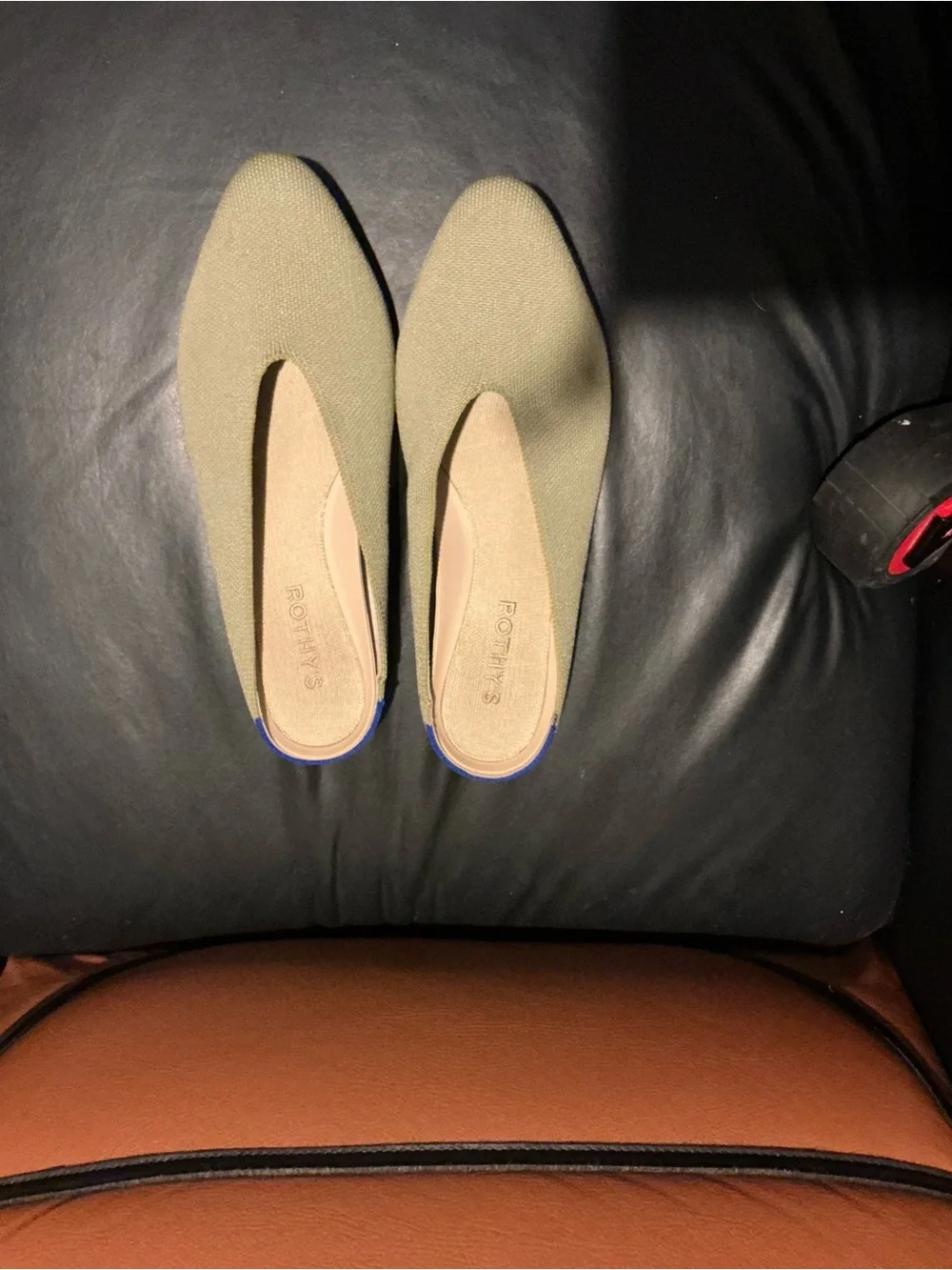 Rothy's Olive Knit Slip-On Flats with Blue Heel Trim
